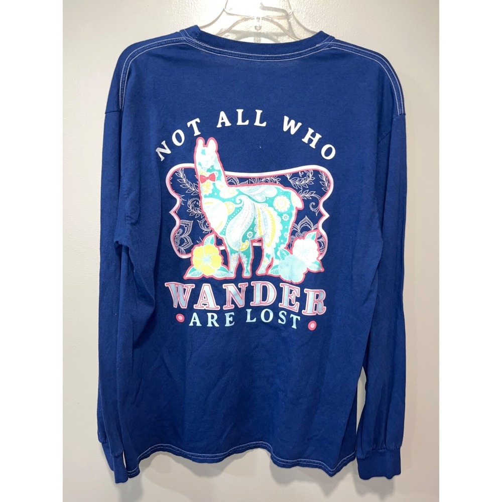 Benny & Belle Women's Plus Not All Who Wander Are Lost‎ Llama Shirt 1X Blue